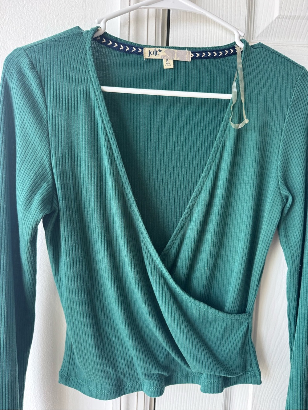 Jolt Teal Ribbed Wrap-Front Long Sleeve Top